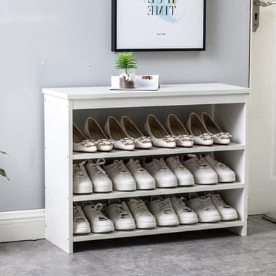 Schoenenrek - Schoenenbank Kruk - Opbergen Schoenen - Massief Houten Structuur - 80x61x287cm - Houtkleur