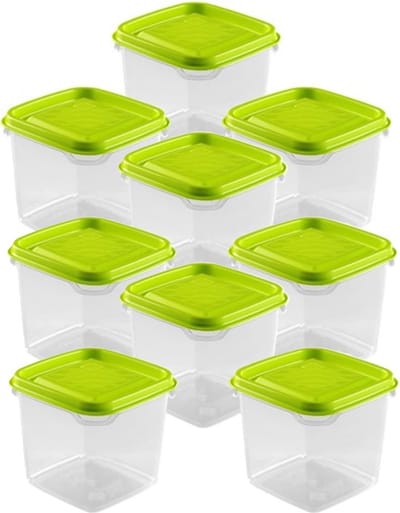 Hega Hogar Vershoudbakjes - set 9x stuks - 0.3 liter - transparant/lime groen - L8 x B8 x H11 cm - Mealprep - Maaltijden bewaren