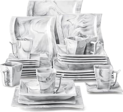 Serviesset - 6 Persoons Servies - Keramiek - Diner-, Soep- en Dessertborden - Kopjes en Schotels - 30-delige Set - Wit - Marmer