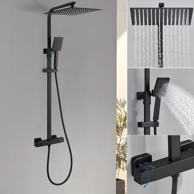 Auralum max Regendouche met Thermostaatkraan - Doucheset Zwart - Regendoucheset - 2-functie doucheset met vierkante 12" hoge douchekop - Verstelbare hoogte 90-116cm - Mat Zwart