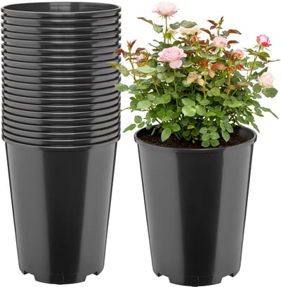 Garronda Set van 20 ronde kunststof bloempotten met drainagegaten voor tuin (Zwart, Ø22 x 25,5 cm (7L)) GD-KW-RR