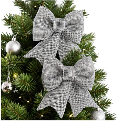 Decoris Strikjes kerstboomversiering - 2x - zilver - 33 cm glitters - op clip - feestelijk