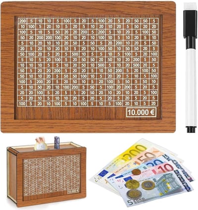 Spaarpot Volwassenen Houten Teller-Herbruikbare Spaarpot van Hout met Spaardoel en Nummers om te Controleren-Helpt Kinderen en Volwassenen De Gewoonte om te Sparen aan 10000 Euro