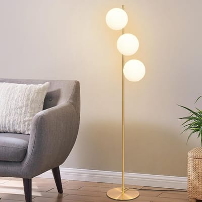 Glitzerlife - Moderne Industriële Vloerlamp - Gouden Staande Lamp - 3 Lichtbronnen - Vintage Design - E27 Voetlamp - Retro Vloerlamp - Metaal en Glas - Voor Woonkamer en Slaapkamer -150cm
