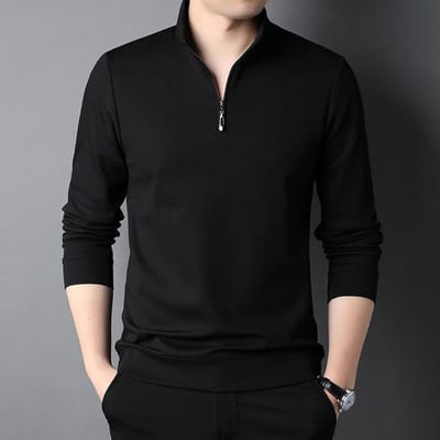 Herfst Sport Lange Mouwen T-shirt Halve Rits Opstaande Kraag Casual Jong en Middelbare Leeftijd Effen Kleur Herenlos T-shirt Trendy XXXXL black