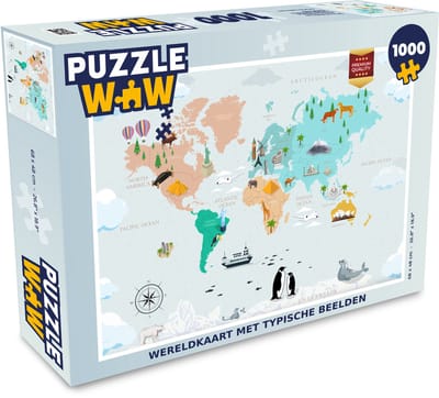 Puzzel Wereldkaart Kinderen - Symbolen - Kompas - Legpuzzel - Puzzel 1000 stukjes volwassenen