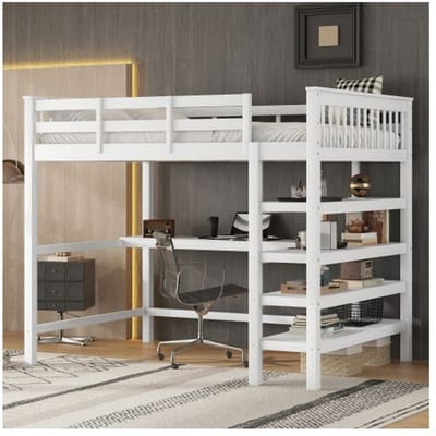 Verhoogd bed - MUVOE - 140 x 200 cm - Geïntegreerd bureau - Opbergvakken - Wit wit