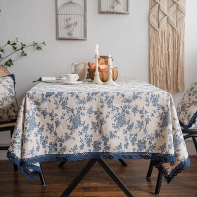 Katoen Linnen Tafelkleed in Nationale Stijl met Blauwe Roos Print en Kantrand Kaart voor Bureau Zachte Hoes Hanger Theetafelkleed Maaltijdkleed 90cm X 140cm gray