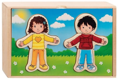 GOKI Aankleedpuzzel - Jongen En Meisje - 13X21X4Cm - 36 Delen - In Houten Kistje