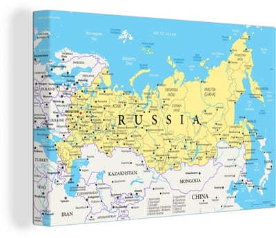 Canvas Wereldkaart - 90x60 - Wanddecoratie Illustratie van een deel van de wereldkaart met Rusland