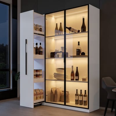 MODENUIT Vitrinekast - LED-Verlichting En Zij-Uitschuifvak - Voor Woonkamer - MDF En Glas - 110,5x35x160 Cm - Wit