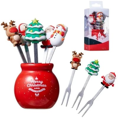 5 stuks Kerstthema Fruitvork met Potje Roestvrijstalen Fruitvorkset Saladebestek Keukengadgets Feliz Navidad Kinderbedankjes gray