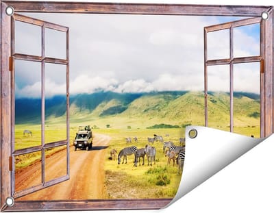Gards Tuinposter Doorkijk Safari Auto tussen de Zebra's - 60x40 cm - Tuindoek - Tuindecoratie - Wanddecoratie buiten - Tuinschilderij