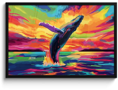 Poster in lijst - Fotolijst 90x60 cm - Posters - Zonsondergang - Walvis - Geschilderd - Kleurrijk - Posterlijst zwart - Decoratie - Wanddecoratie woonkamer - Muurdecoratie slaapkamer