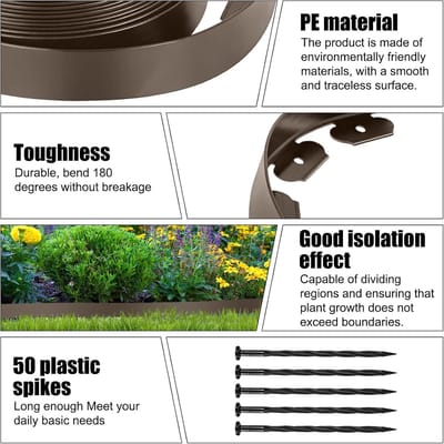 Flexibele Tuinrand van Plastic, 10 m x 5 cm, Tuinhek, Grasafscheiding met 50 Haringen, Tuinidee voor Bloembedden en Tuinpaden, Bruin, Duurzaam en Weerbestendig