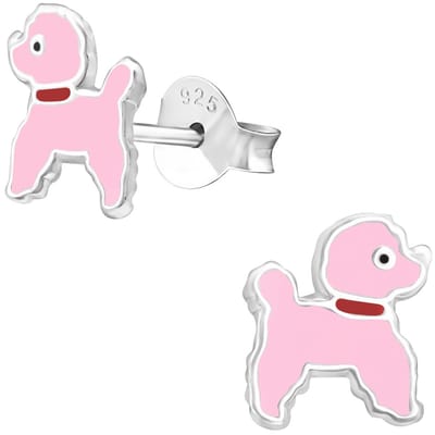 Joy|S - Zilveren hond oorbellen - 9 mm - roze - oorknoppen voor kinderen