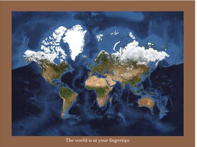 Wereldkaart 40x30 cm - Aluminium - Voelbaar 3D Reliëf - Karamelbruin - World map - World at your Fingertips - Vintage - Retro - Muurdecoratie - Wanddecoratie