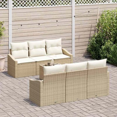 vidaXL - Bankstel - met - kussen - met - kussen - 7 - pcs - Beige - en - Crème - poly - rattan