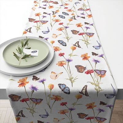 tafelloper-butterfly garden-katoen-40 x 150 cm-table runner-wasbaar-vlinders-bloemen