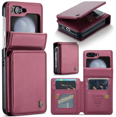CaseMe Geschikt voor Samsung Galaxy Z Flip 7 FE / Z Flip6 PU Leren Backcover hoesje met kaarthouder - Rood