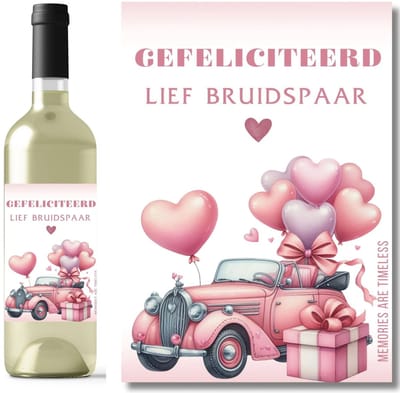 Wijnetiket huwelijk - Gefeliciteerd lief bruidspaar - roze bruidsauto