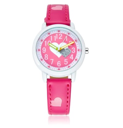 Horloge Meisjes - Horloge Hartjes – Leren Bandje – Donker Roze