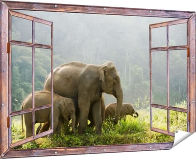 Gards Tuinposter Doorkijk Olifanten Familie in de Jungle - Olifant - 180x120 cm - Tuindoek - Tuindecoratie - Wanddecoratie buiten - Tuinschilderij