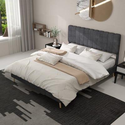 MODFU - Bedframe 160x200 cm – Velours met gestoffeerd hoofdbord – Laag profiel – Grijs