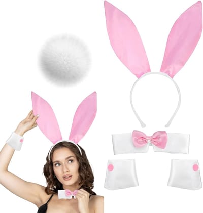 Complete Bunny Kostuum Set met Oorbellen, Strik, Manchet en Staart - Perfect voor Feestjes en Themapartijen - Unisex - Wit en Schattig