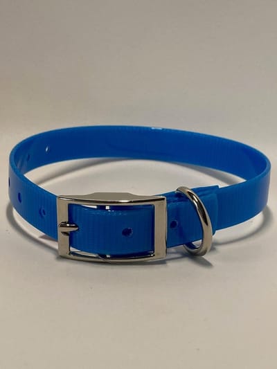 Halsband BioThane GOLD Transparant - (licht) BLAUW - 600mmX25mm - dubbele gesp