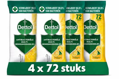 Dettol Antibacteriële Multi-Reinigingsdoekjes – 4 x 72 Stuks – Citroen – 99,9% Bacteriën Verwijdering