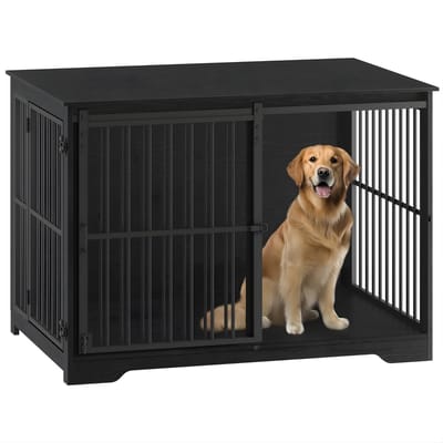 Hondenbench – Voor Binnen – Moderne Hondenbox met 2 Deuren, Versterkte Schuifdeur en Bijzettafel, Geschikt voor Honden tot 100 kg – Zwart