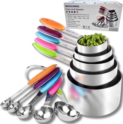 Maatlepel & Maatbeker set 10-delig met kleuren - Cups & Spoons maten RVS