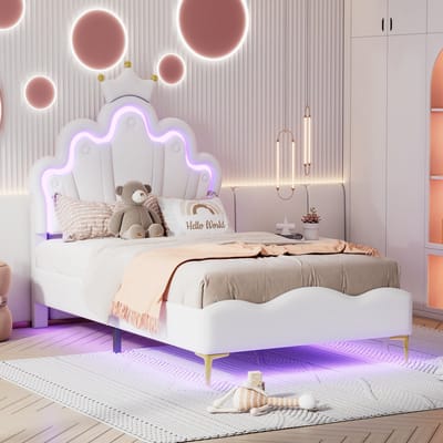 Sweiko Kinderbed, 90x200cm, Meisjes Kroonvormig Prinsessenbed, Zacht PU lederen interieur, Verstelbare LED sfeerlichtstrip, Wit (Geen matras)