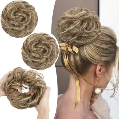 Grote Krullende Haarstuk met Elastische Band voor een Messy Bun, Perfect voor Vrouwen en Meisjes (Bruin Mix Strandblond)
