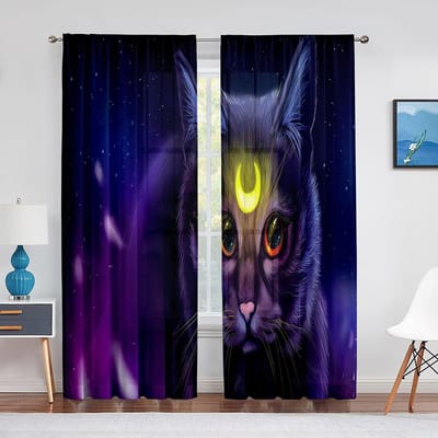 Mooi Katten Fantasie Schilderij Transparante Gordijnen voor Woonkamer Keuken Dierlijk Tule Ramen Voile Garen Gordijnen voor Slaapkamer Decoratie 1 PCS W100XH250cm&Grommet Top