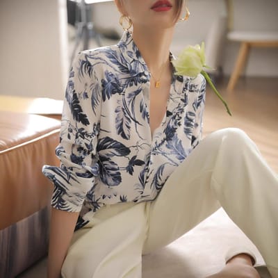 Verborgen Blauwe Inkt Print Shirt voor Dames Design Niche High-end Vierkante Kraag Lange Mouw Zware Zijden Shirt Moerbeizijde XXXL gray