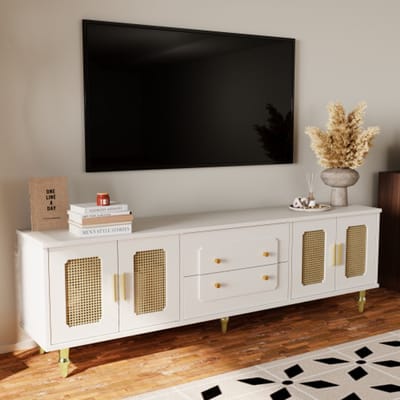 Retro TV-Meubel 175×38×55,5 cm – Wit Lowboard met Rattan Deur, Gouden Handgrepen & Metalen Poten – Veel Opbergruimte