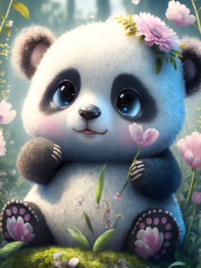 Diamond painting Schattige panda bloemen 30x40cm vierkante steentjes