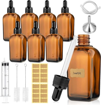 Set van 8 Amber Glazen Pipet Flessen 50ml - Bruine Dopper Flessen voor Essentiële Olie, Parfum en Vloeistoffen met Syringe en Labels
