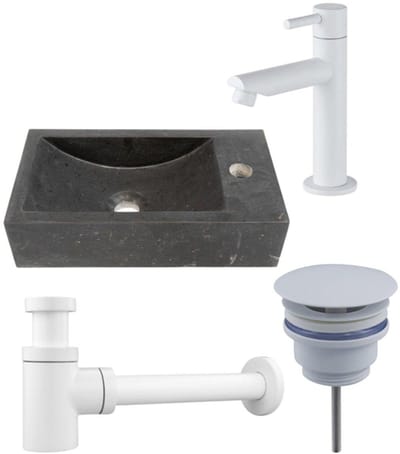 Saniclass Fuente fonteinset – rechthoekig – 40x22x10 cm – natuursteen zwart – mat witte kraan