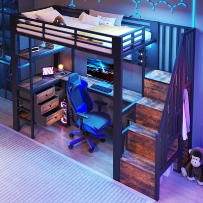 Hoogslaper 90x200cm - opslagvlak - lade - geperforeerd bord - bureau - stopcontact - LED-verlichting - zonder matras - zwart