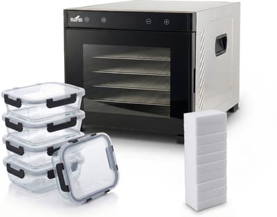 BARDI Professionele 6 Laags Voedseldroger - Dehydrator - Droogoven RVS - 24-Uurs Timer - Led-bedieningspaneel - 650 Watt Met 5 delige glazen meal prep bakjes en 10 wondersponzen