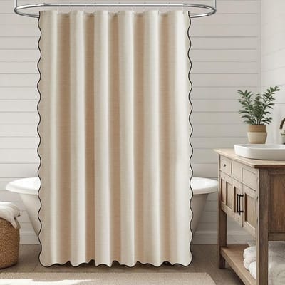 Douchegordijn met golvende rand - Waterdicht badkamergordijn - Linnenstructuur - Wasbaar en waterdicht douchegordijn - Geschikt voor badkamers, hotels en badkuipen - Beige - 180*180 cm