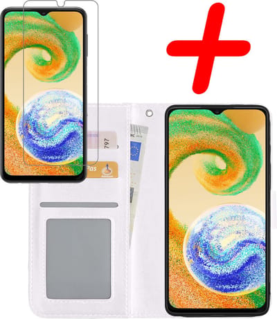 Hoesje Met Screenprotector - Geschikt voor Samsung Galaxy A04s - Luxe Pasjeshouder - Bookcase Portemonee - Flip Case - Kunstleer Book Case - Flipcase - Book Cover - Walletcase - Portemonneehoes - Wit