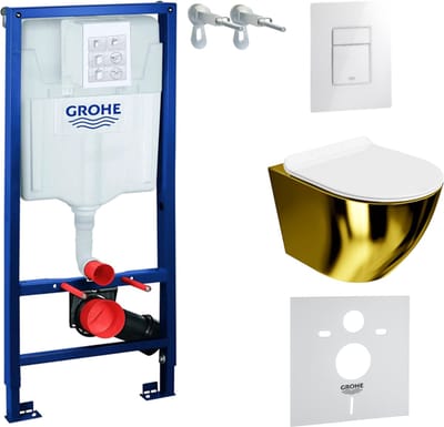 Inbouwreservoir Complete Toiletset Grohe Solido 39069000 - Inbouw WC Hangtoilet Wandcloset Sofi Slim Gold/White - Bedieningsplaat EVEN 3in1 Wit Hoogglans - Voorwandelement - Installatiesysteem