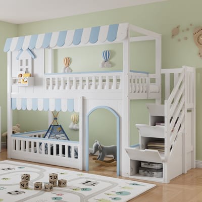 DESMIU Stapelbed 90x200cm - Kinderbed Met Trappenopbergkast En Onderbedruimte - Voor Kinderkamer - Massief Hout En Mdf - Wit Blauw - Zonder Matras