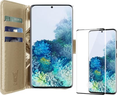 Hoesje geschikt voor Samsung Galaxy S20 Plus - Screen Protector FullGuard - Book Case Kunstleer Pasjeshouder Goud & Screenprotector