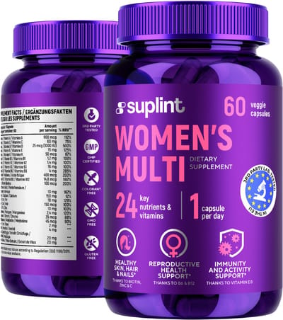 Multivitamine VROUW – 1 per dag – IJzer - Vitamine D3 - Biotine - Foliumzuur – Energie - Huid - Haar - Hormoonbalans – 60 capsules – Suplint