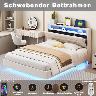 Gestoffeerd bed 160x200 cm met USB-aansluiting en LED-verlichting - omkeerbaar hoofdeinde - verborgen voeteneinde - beige - zonder matras